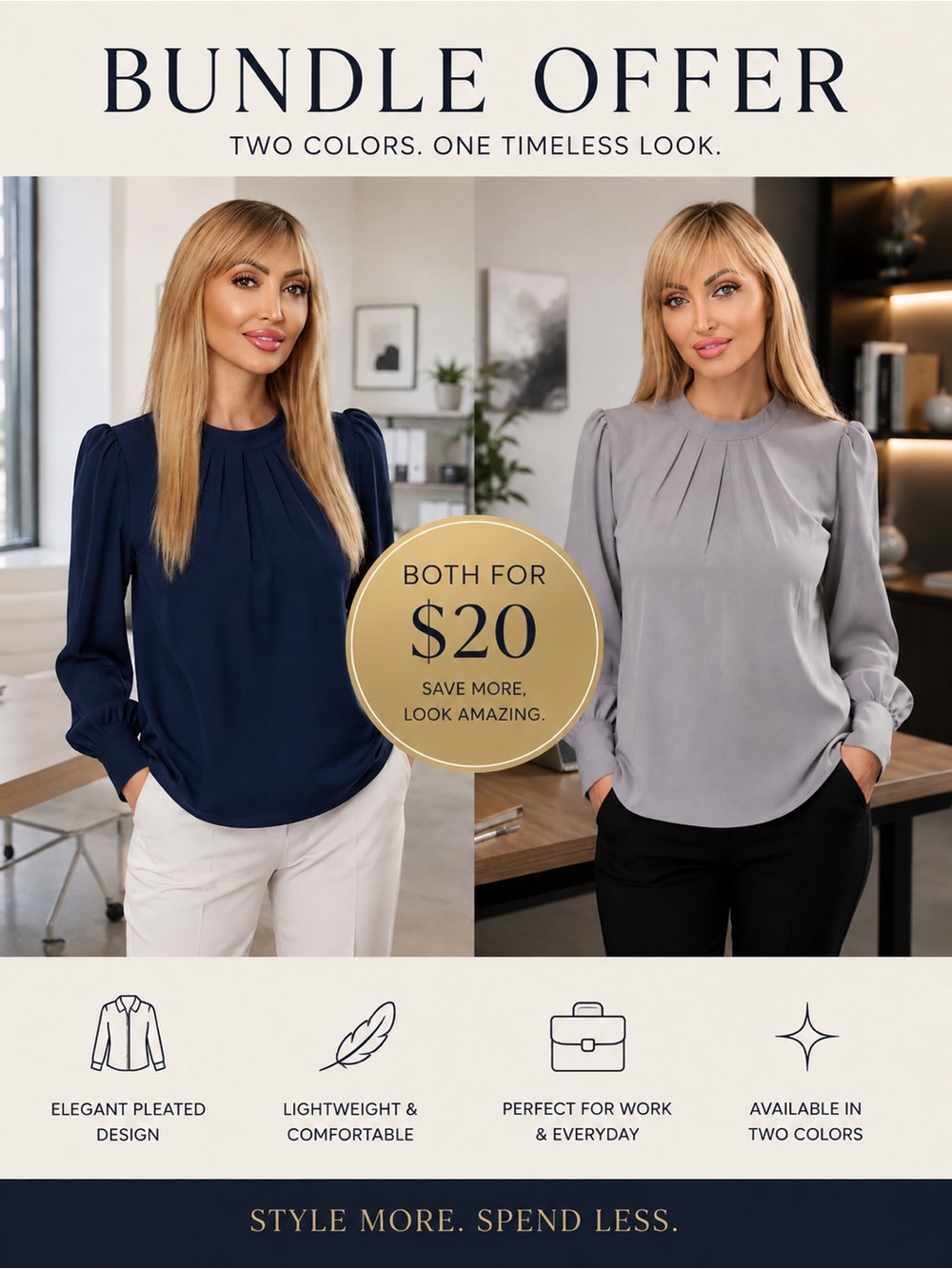 2- Pleated Long-Sleeve Blouse - Navy and Light Gray